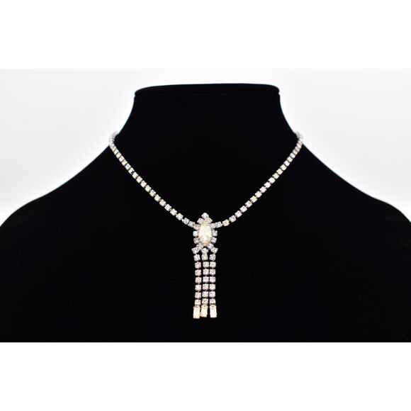 Vintage ASTRA Rhinestone Necklace Marquise Center Tassel Drop Silver Tone BinBQ - Picture 15 of 16